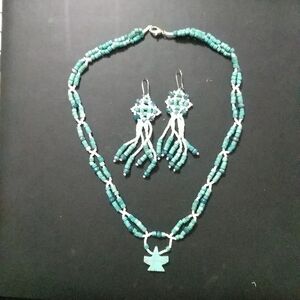 Turquoise Color Beaded Necklace and Earring Set